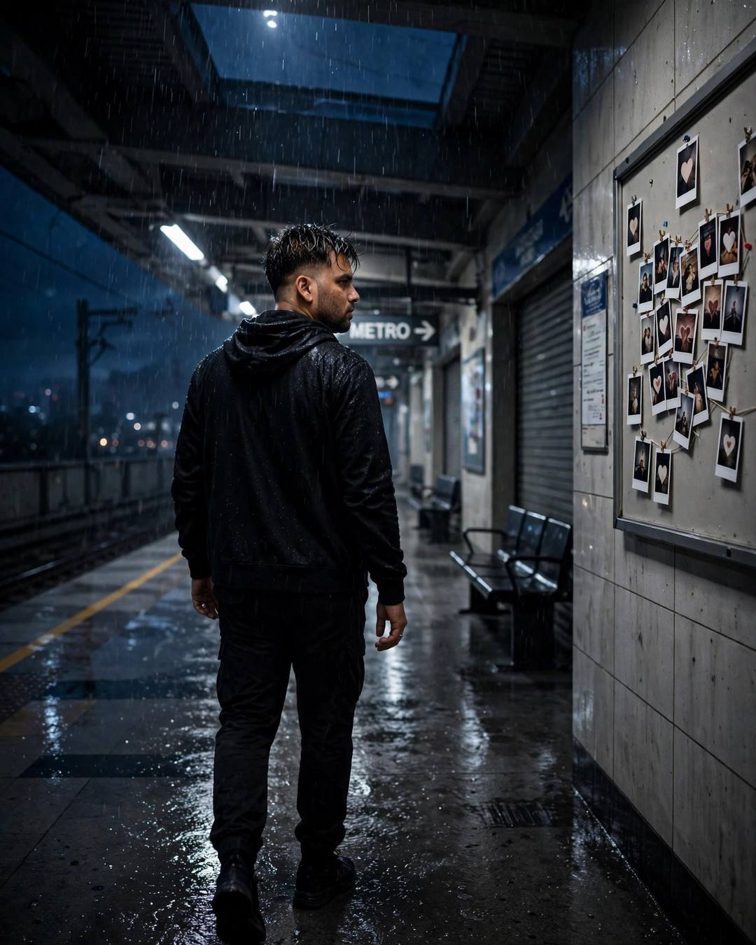 A young man in black streetwear walking away down a rainy metro station platform at midnight, polaroid photos pinned on the wall