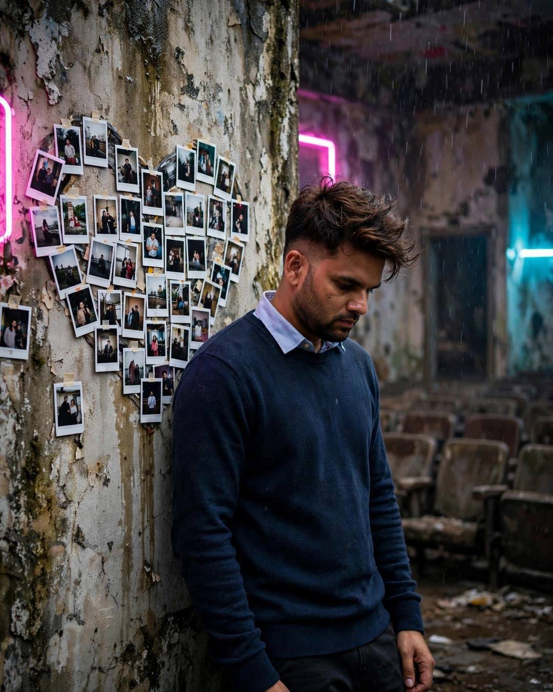 A young man in a navy sweater leaning against a wall in an abandoned cinema hall, polaroid photos arranged in a heart shape