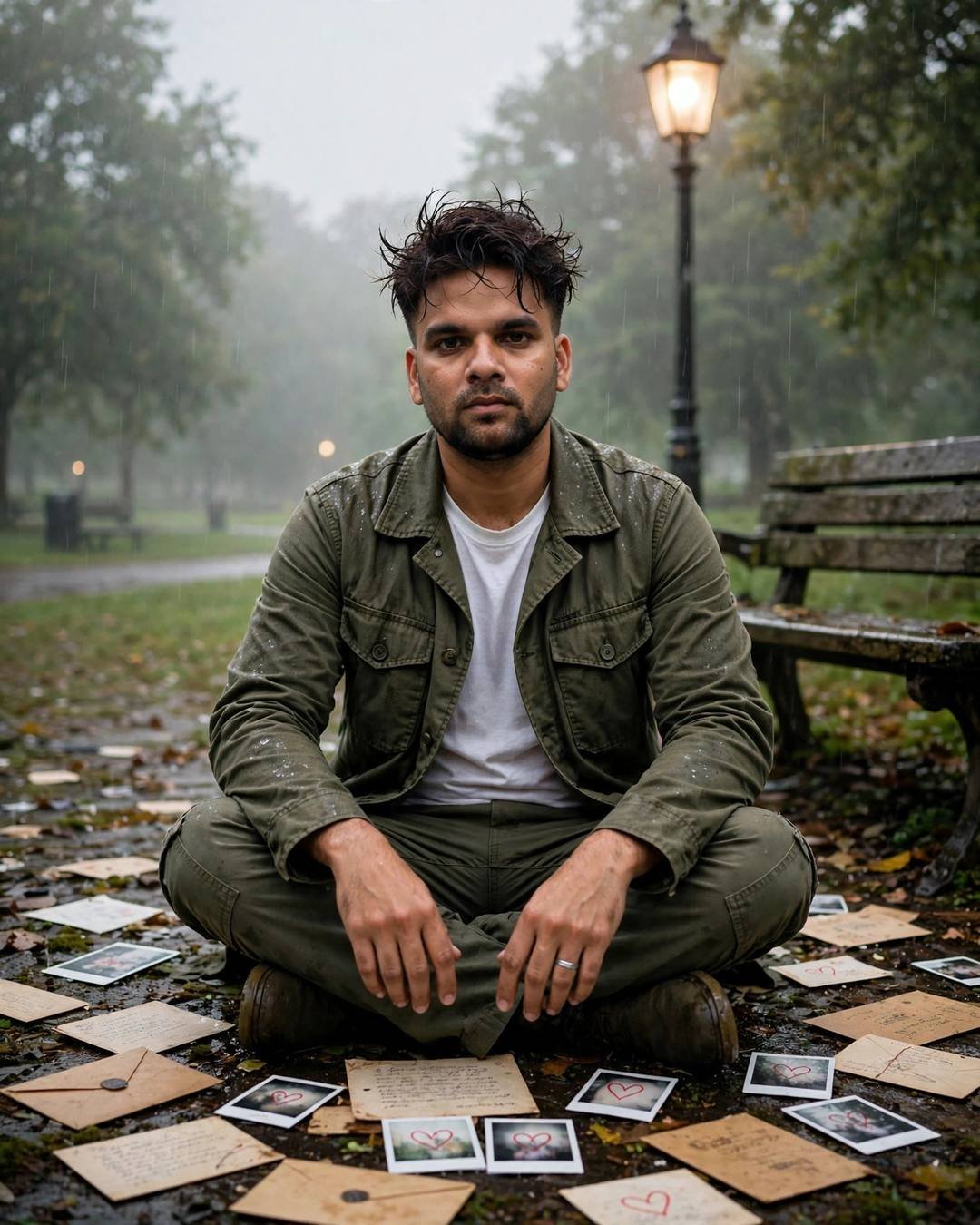 A young man in an olive field jacket sitting cross-legged on the ground in a rainy park surrounded by old letters and photos