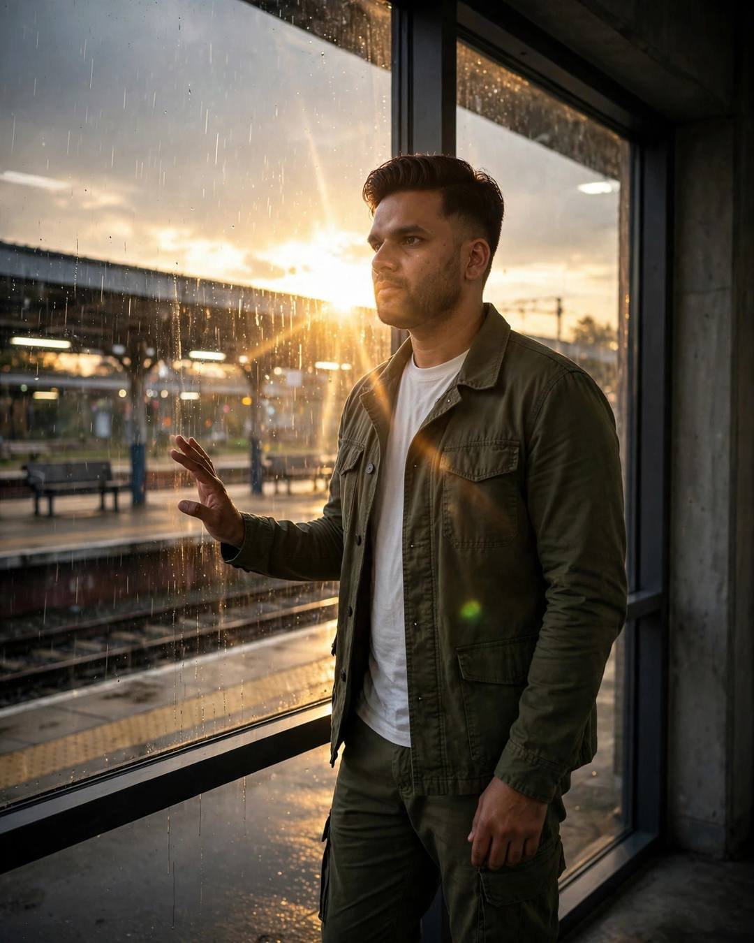 Young man in an olive field jacket and white tee standing at a rain-streaked station window, one hand on the glass, golden light behind him