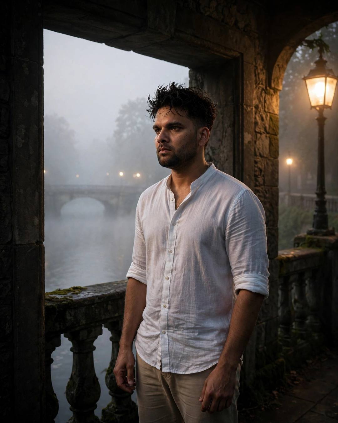 A young man in a white linen shirt standing in a stone doorway on a bridge over a foggy river at dawn
