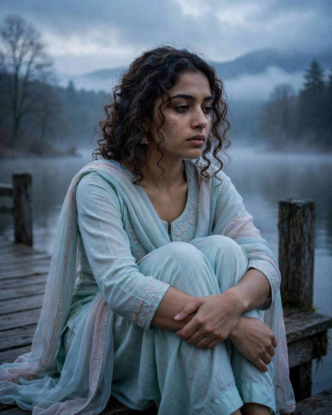 A young Indian woman in a pastel salwar-kameez with dupatta sitting knees-up on a lake pier at dawn, soft curls framing her face
