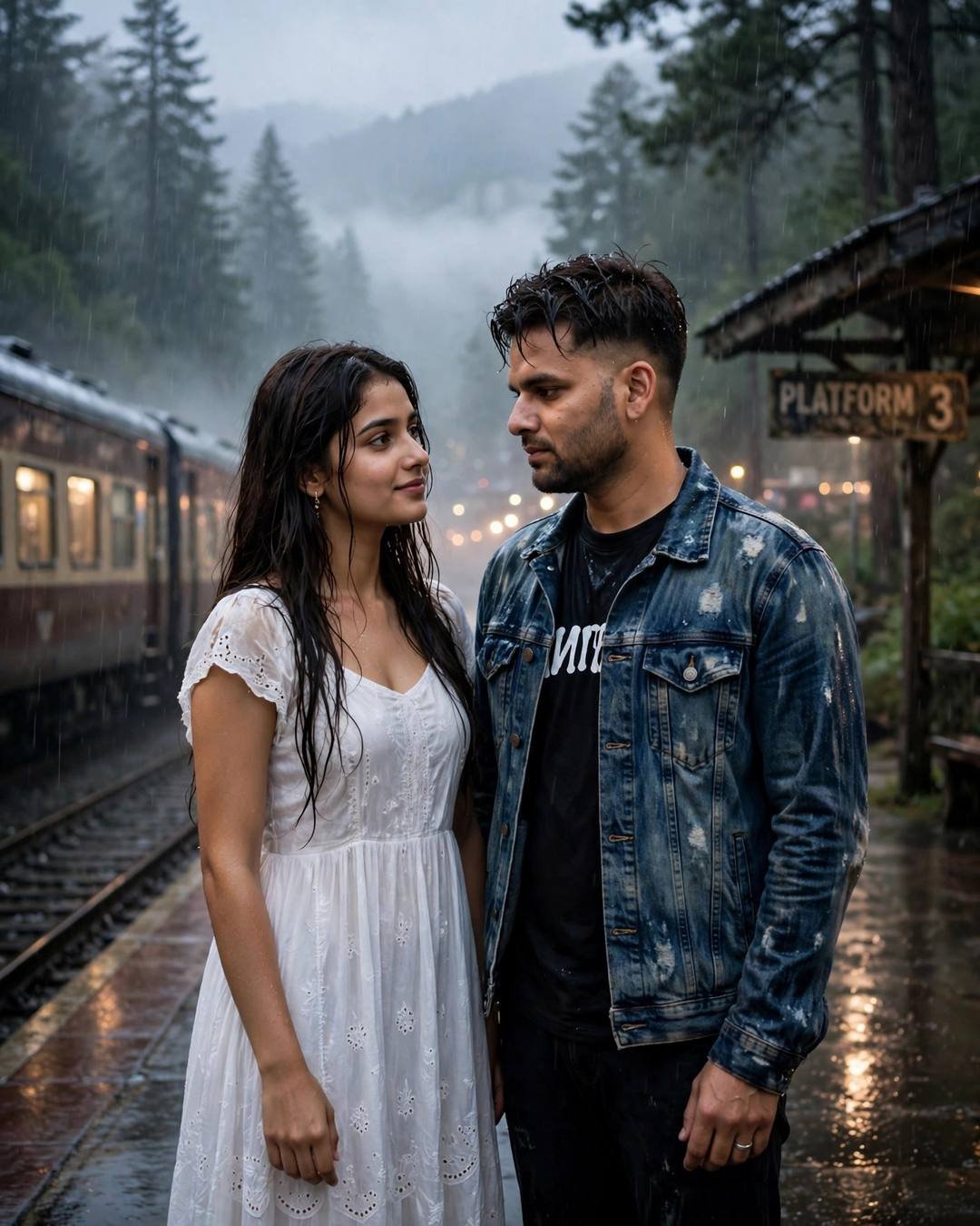 Couple standing face to face on a rainy railway platform beside a waiting train, denim jacket and white dress