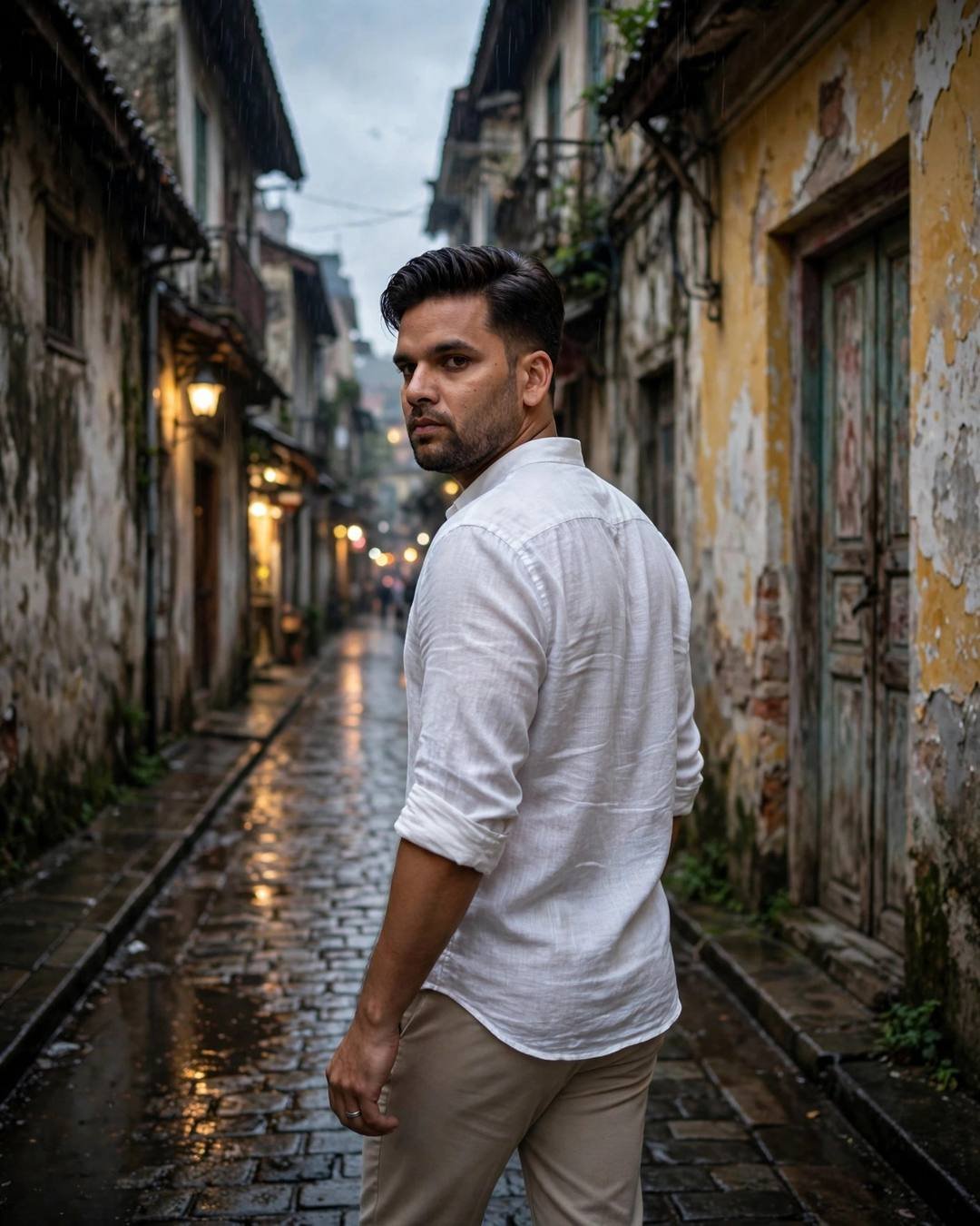A young man in a white linen shirt walking away down a narrow old-city lane with peeling walls, glancing back