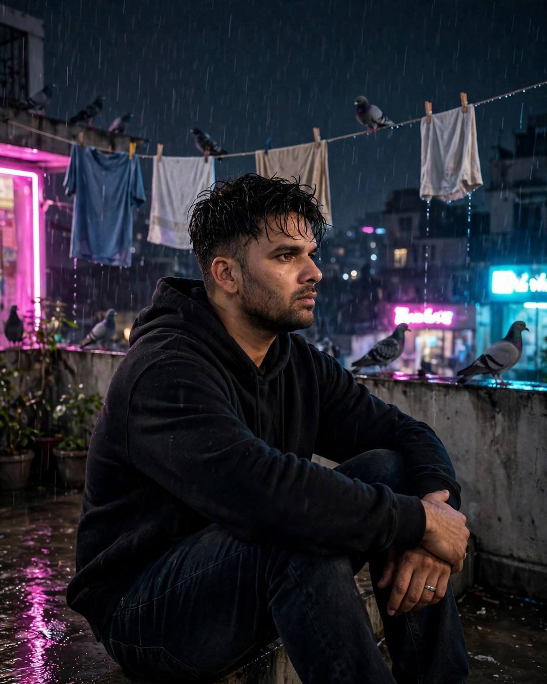 Young man in a black hoodie sitting on a terrace at midnight in drizzle, neon pink and cyan light behind him