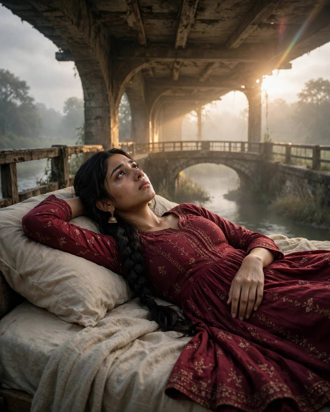 Young woman in a maroon anarkali lying on a bed, gazing upward, bridge over a river in golden dawn light behind her