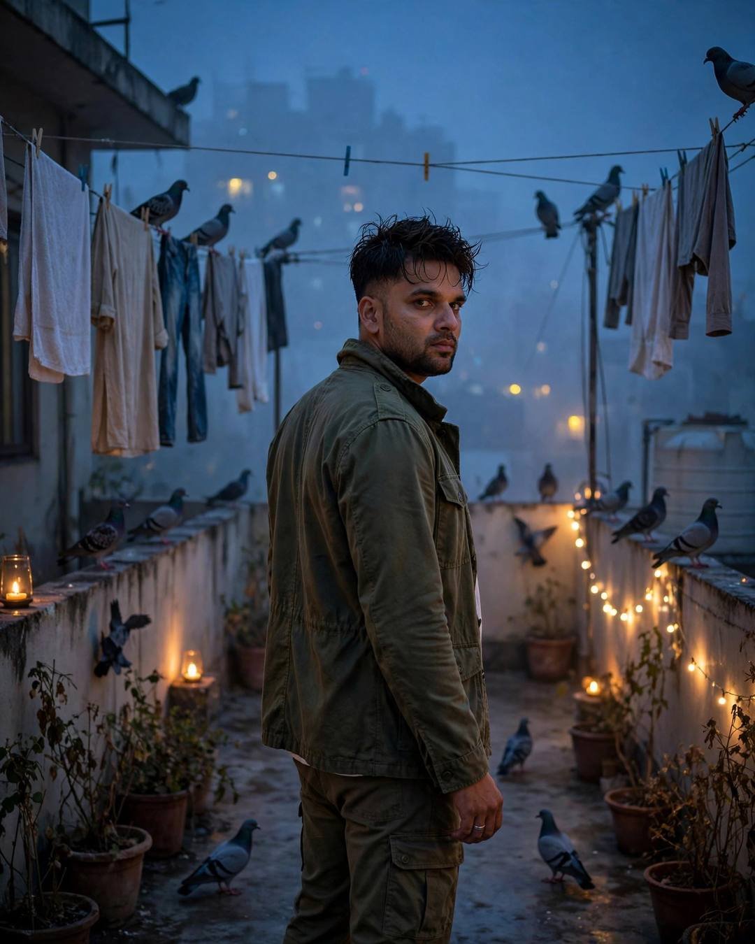 Framed inside a glass bus shelter as — cinematic AI photograph, olive field jacket, white tee, cargo pants, towel-dried tousled hair