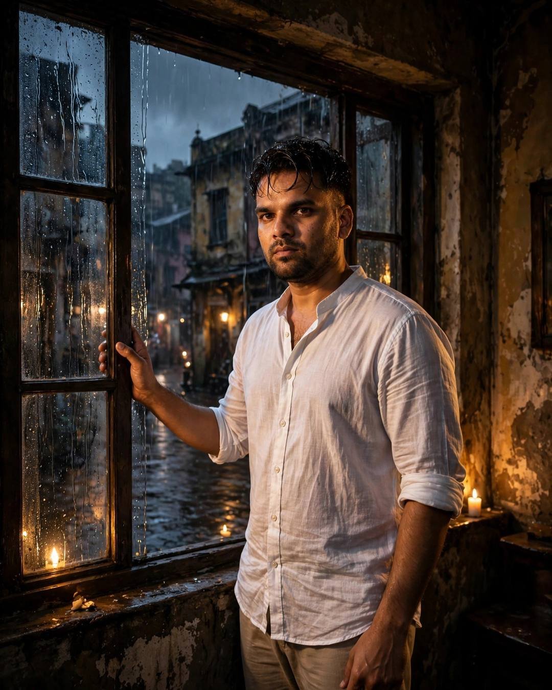 Steam from a food cart swirling thickly — cinematic AI photograph, white linen shirt with rolled sleeves, beige trousers, damp rain-wet hair
