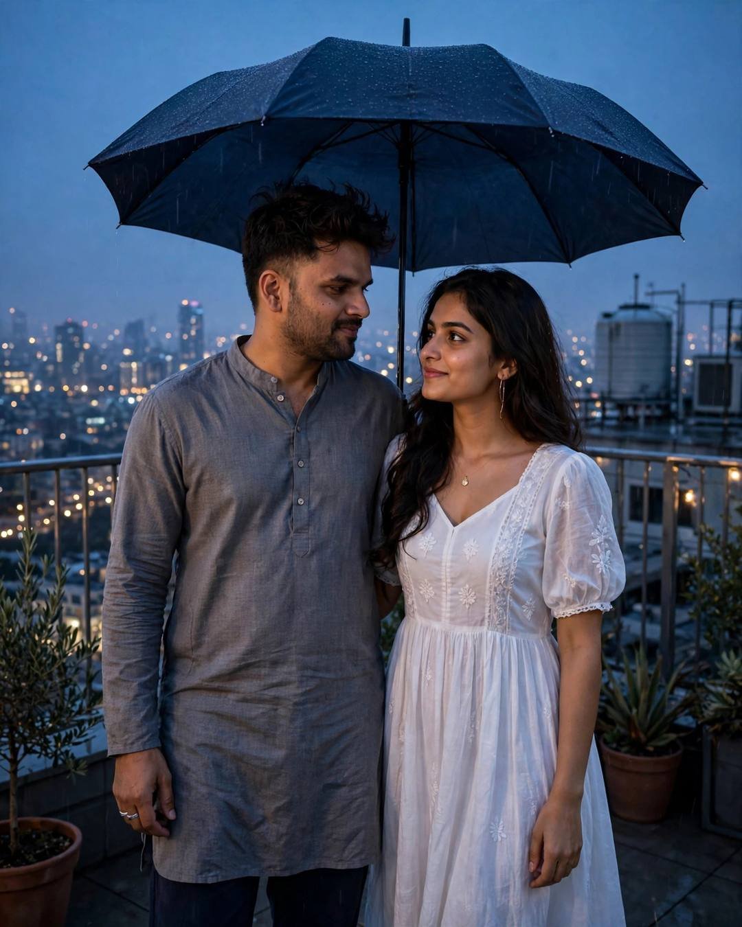 A young couple under one umbrella on a rooftop terrace above sleeping city lights at blue hour