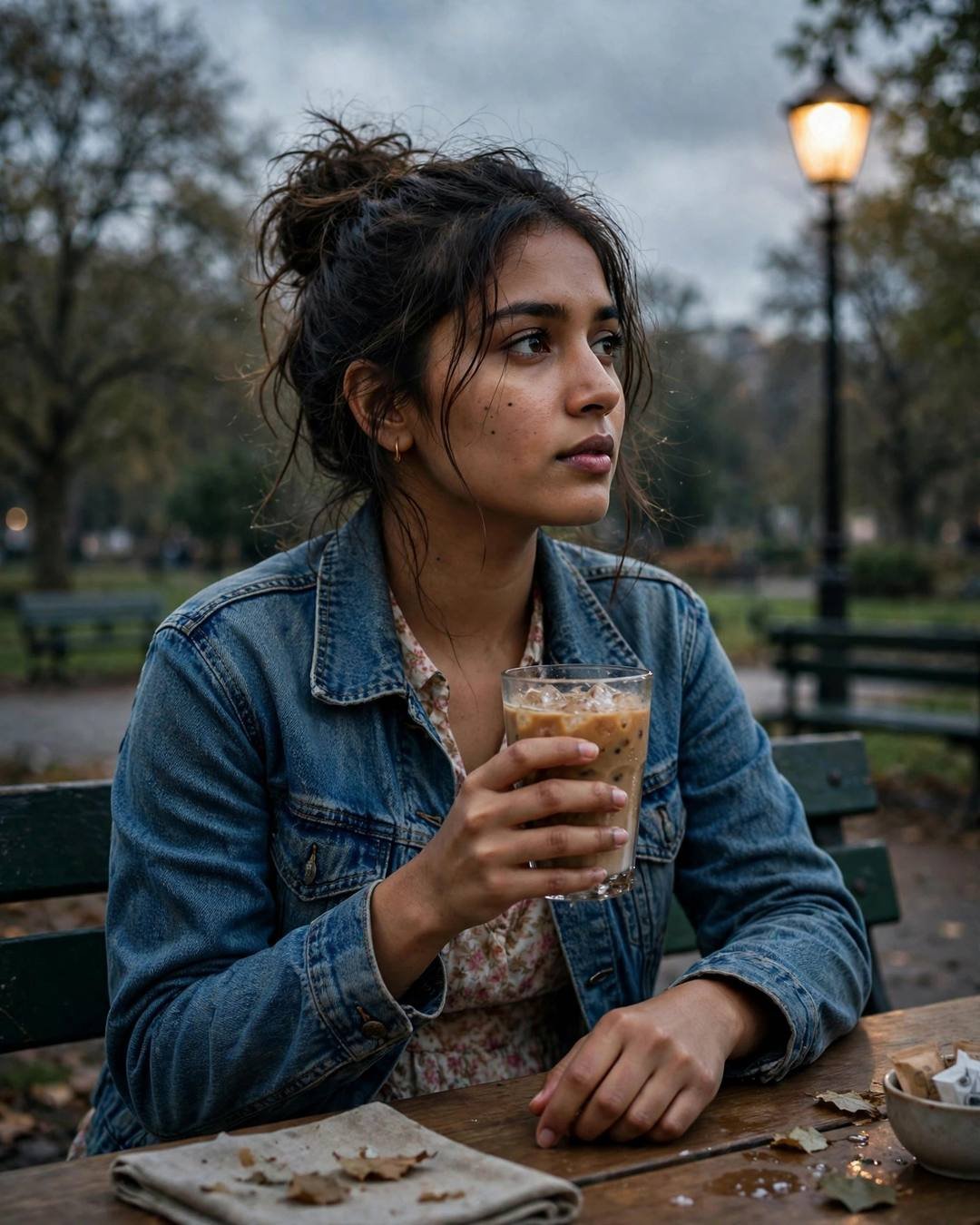 Young woman in a denim jacket over a floral dress sitting at a park table under a lone lamp, cradling a cold coffee, lost in thought