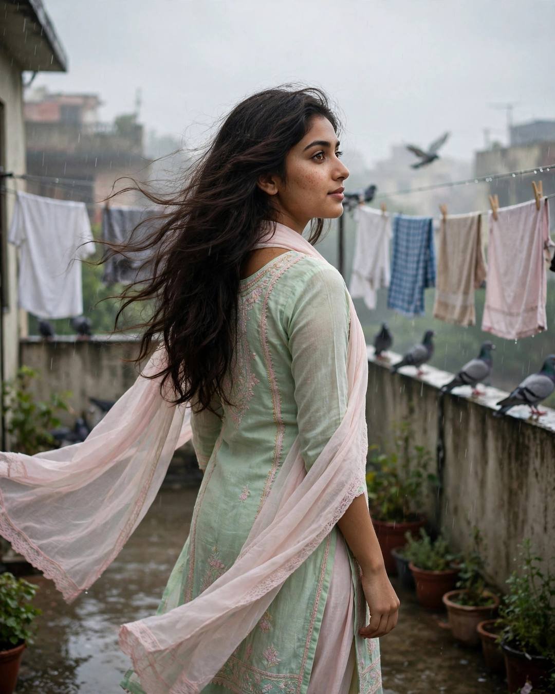 Young woman in a pastel salwar-kameez with a pink dupatta standing on a terrace in light rain, looking over her shoulder, pigeons and washing lines behind her