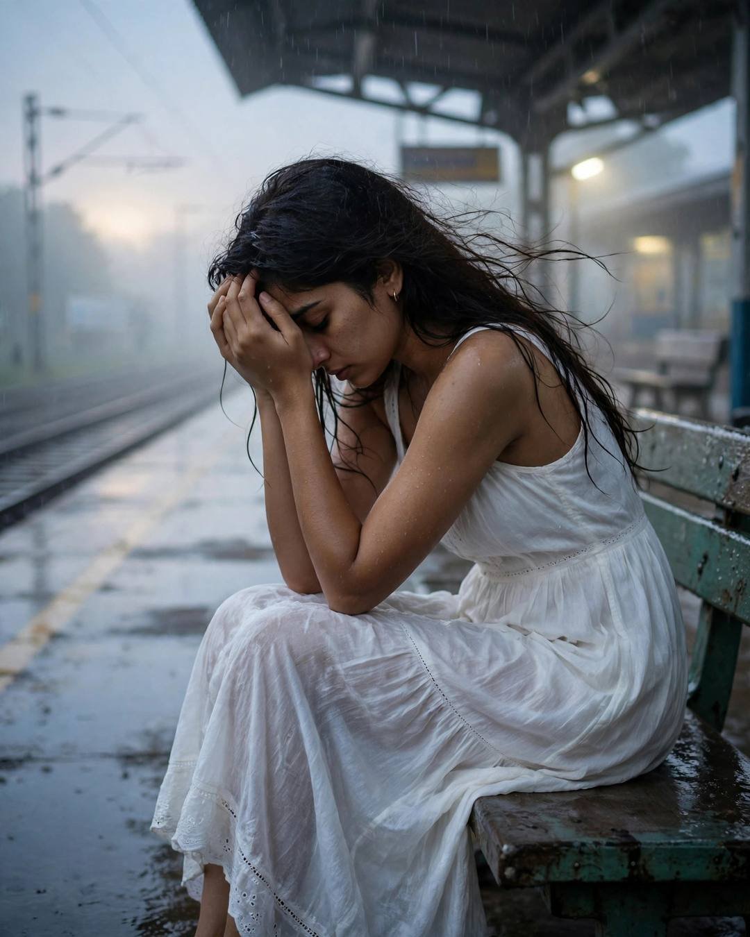 Young woman in a flowing white summer dress sitting on a station bench with her head in her hands on an empty foggy railway platform at night