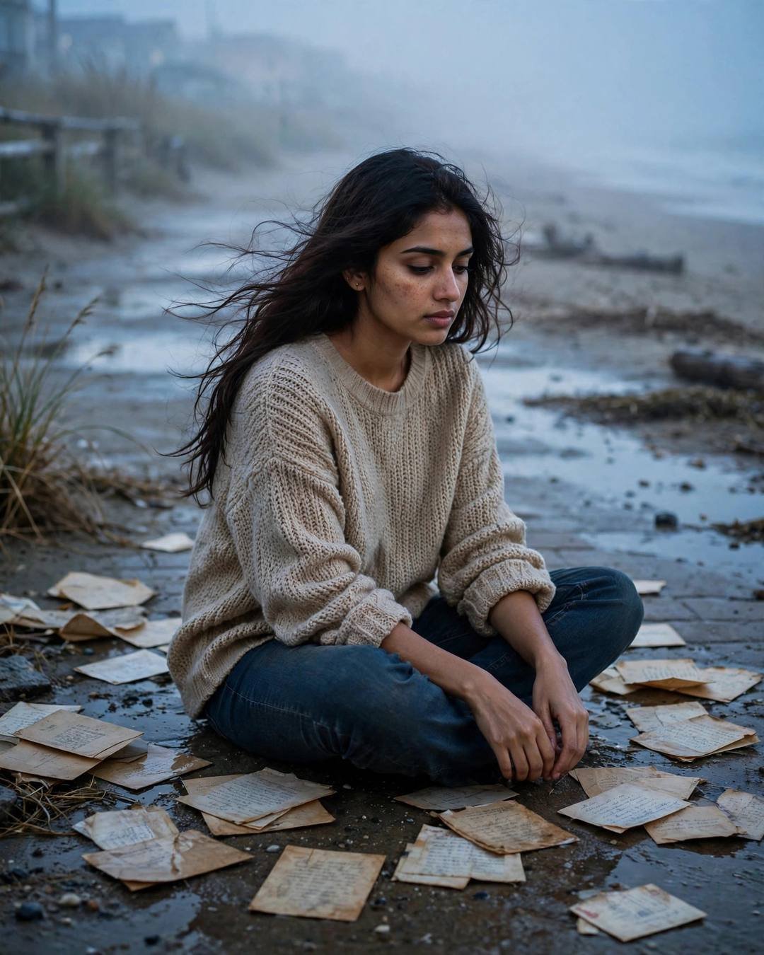 Young woman in oversized beige sweater sitting cross-legged among old letters on a foggy beach at dusk