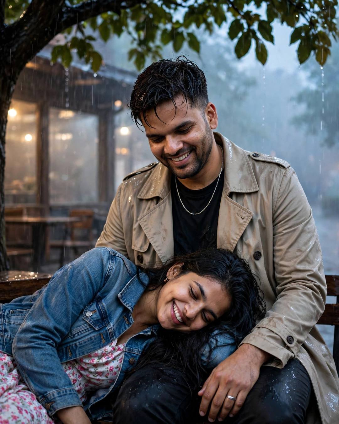 Couple laughing softly under a tree in drizzle with her head in his lap near an old cafe