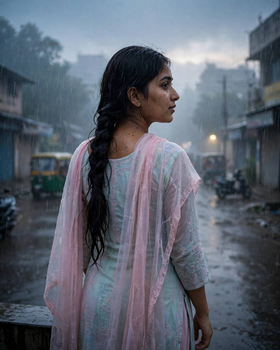 Young woman in pastel salwar-kameez with long braid looking over shoulder on a rainy street