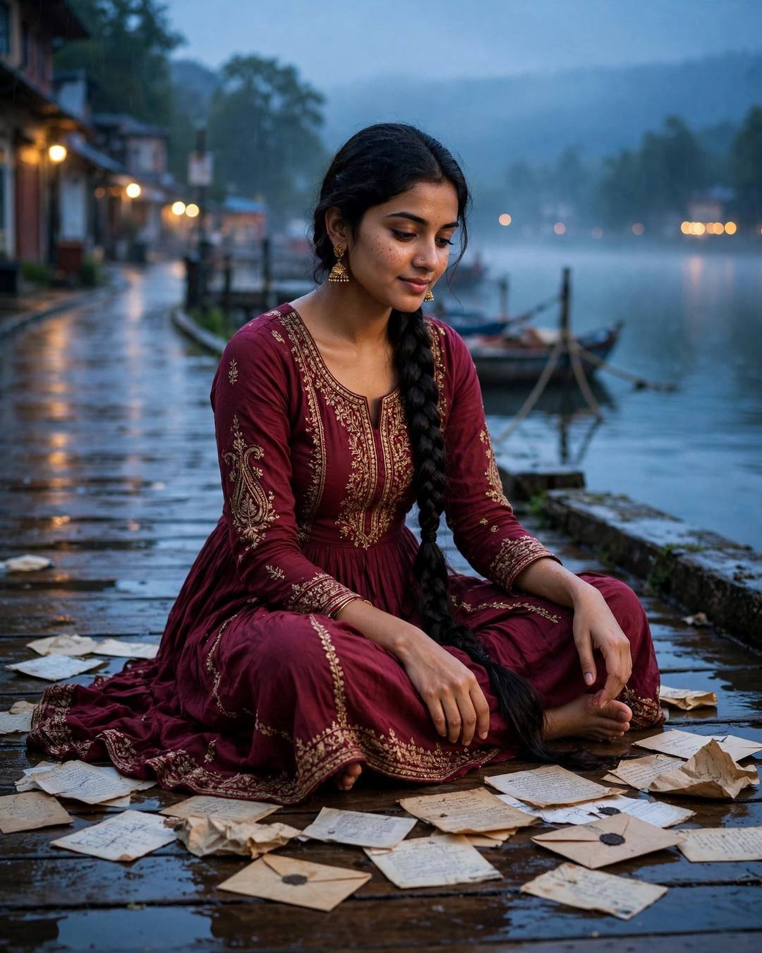 Young woman in maroon anarkali sitting cross-legged among old letters on a lake pier at dawn