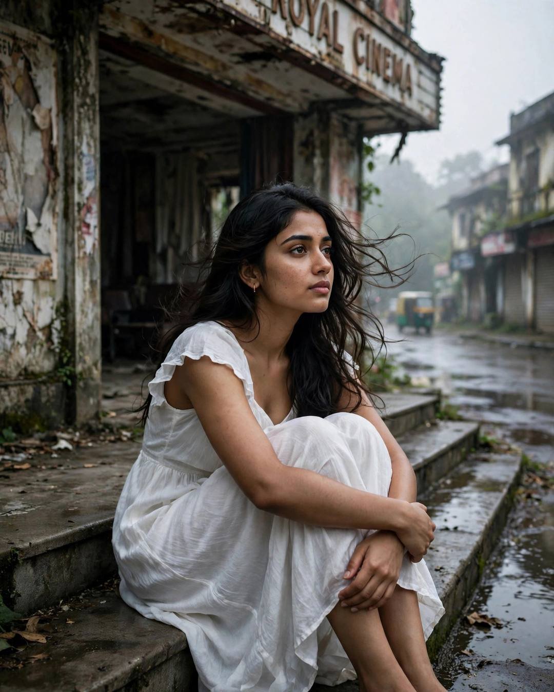 Young woman in white summer dress sitting with knees drawn up outside an abandoned cinema hall