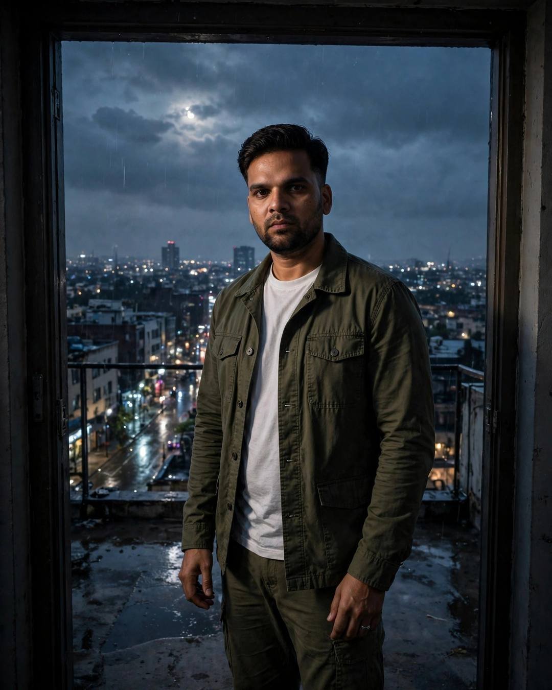 Young Indian man in an olive field jacket standing in a doorway above rainy city lights at night