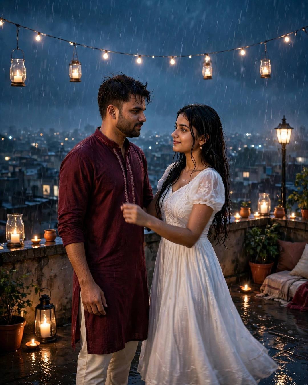 A melancholic monsoon portrait of a couple dancing slowly on a candlelit rooftop in the rain, maroon kurta and white dress