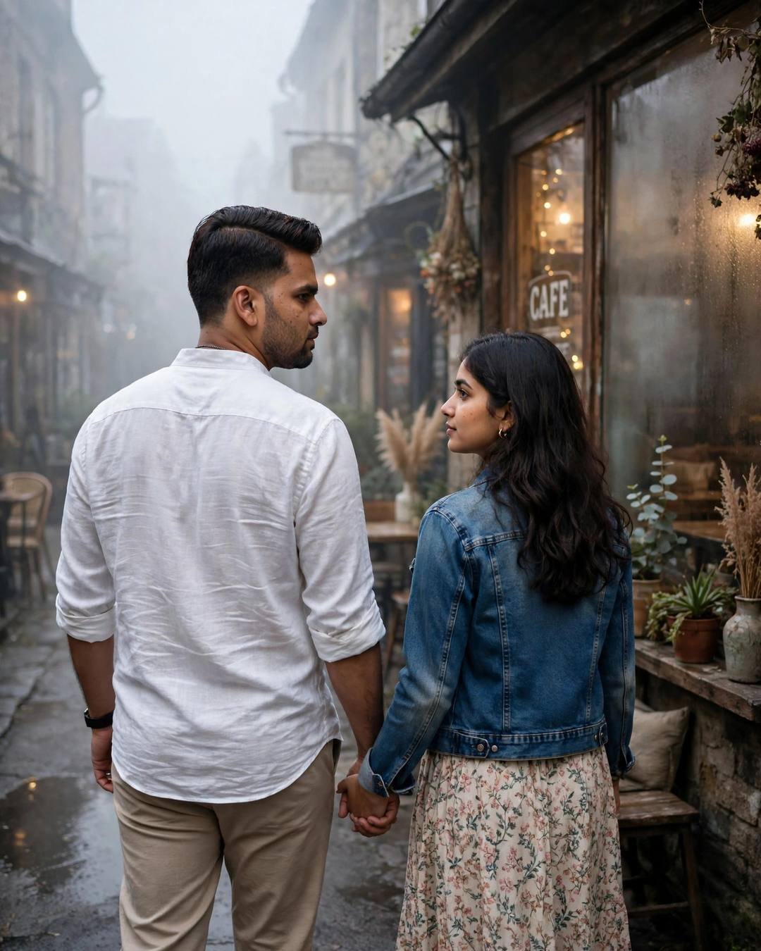 Young Indian couple walking hand in hand away from the camera past an old cafe in fog