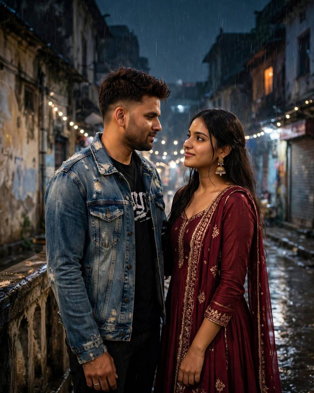 A couple stands on a bridge looking at each other, he in a distressed denim jacket, she in a maroon anarkali with jhumkas, an old-city lane behind them at night