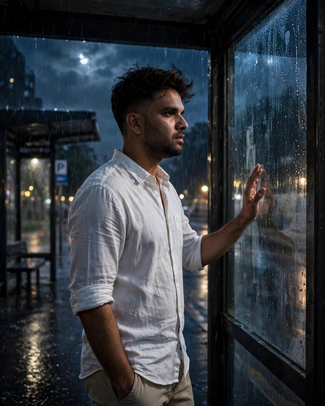 Young Indian man in a white linen shirt pressing his hand to rain-streaked bus-stop glass at night