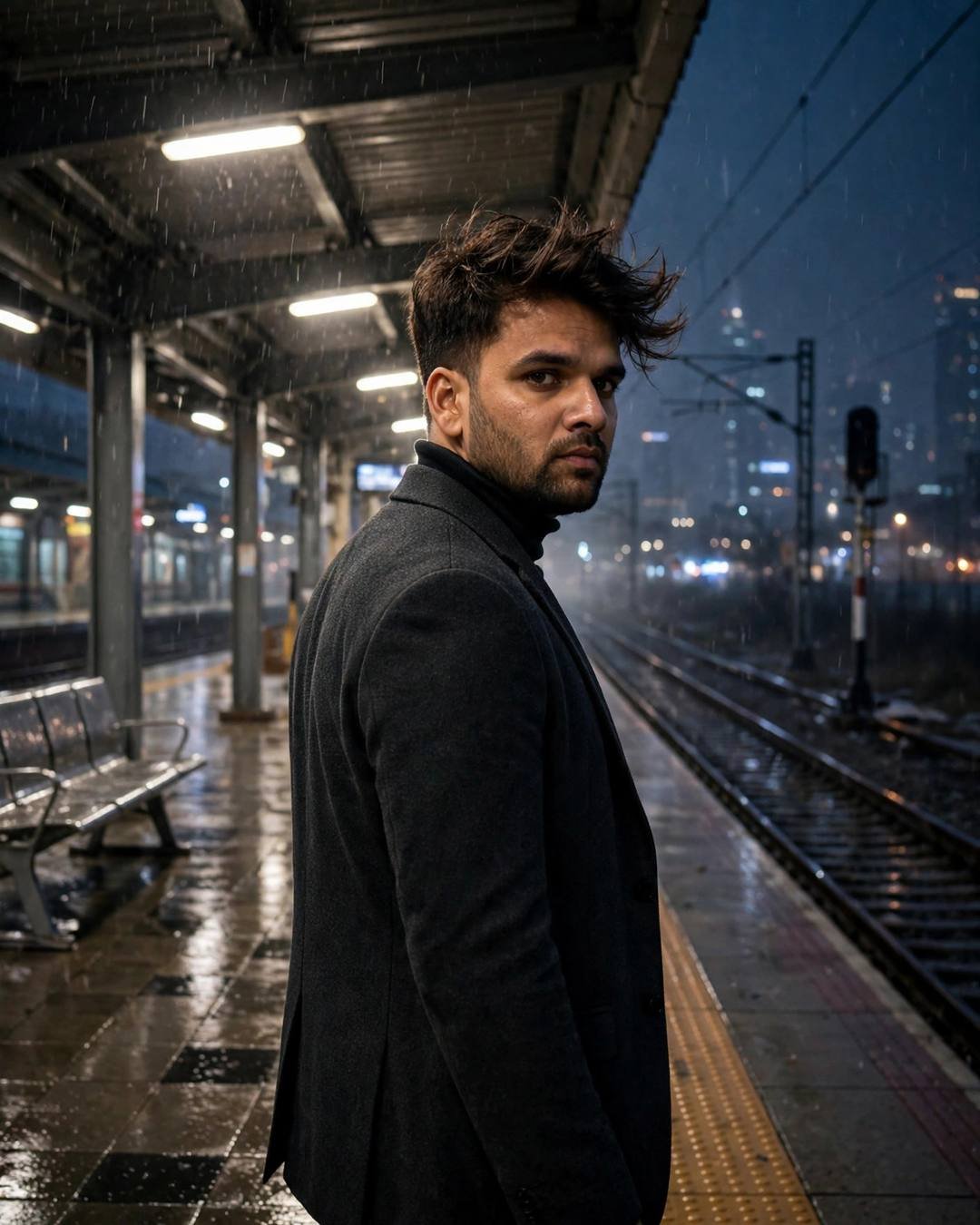Young Indian man in a charcoal blazer turning back over his shoulder on a rainy night railway platform