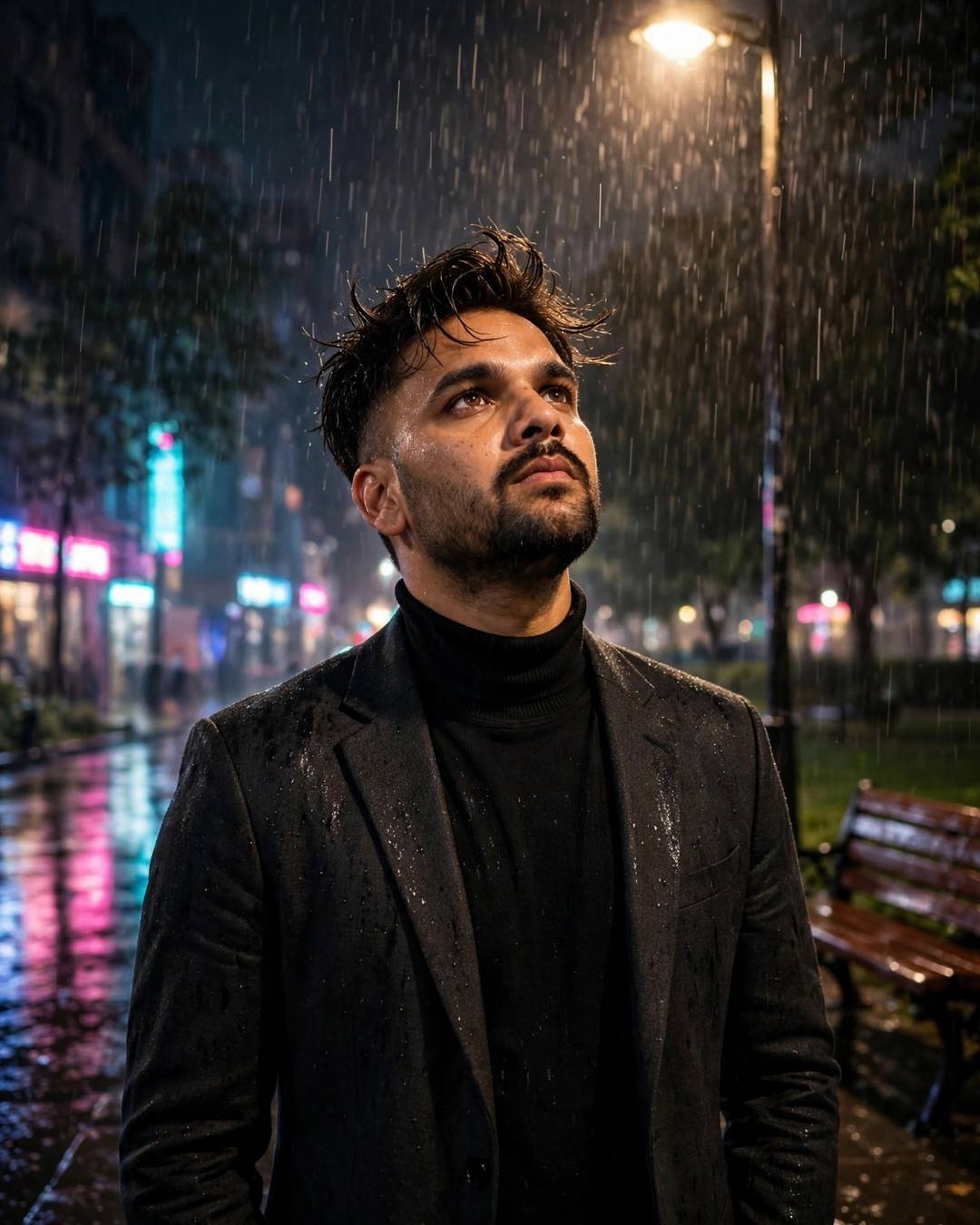 Young Indian man in a charcoal blazer standing in rain under a streetlamp, face lifted, neon light around him