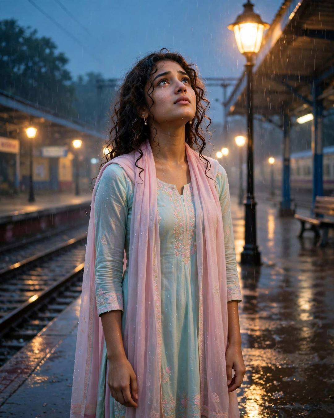 Young Indian woman in pastel salwar-kameez with pink dupatta standing under a streetlamp in rain on an empty railway platform at night, face lifted skyward