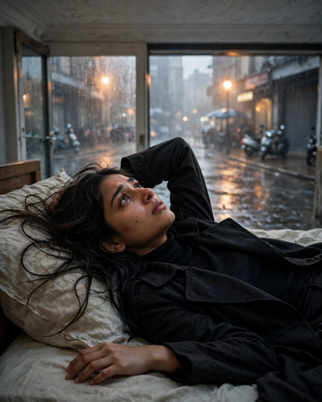 Young Indian woman in black turtleneck and long coat lying on a bed with one arm behind her head, gazing at the ceiling, rain-soaked street outside the window