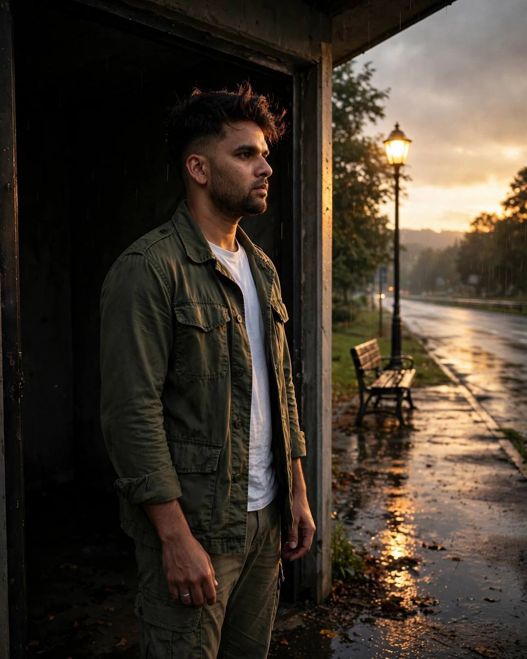 Young Indian man in an olive field jacket standing half in shadow in a doorway beside a wet golden road