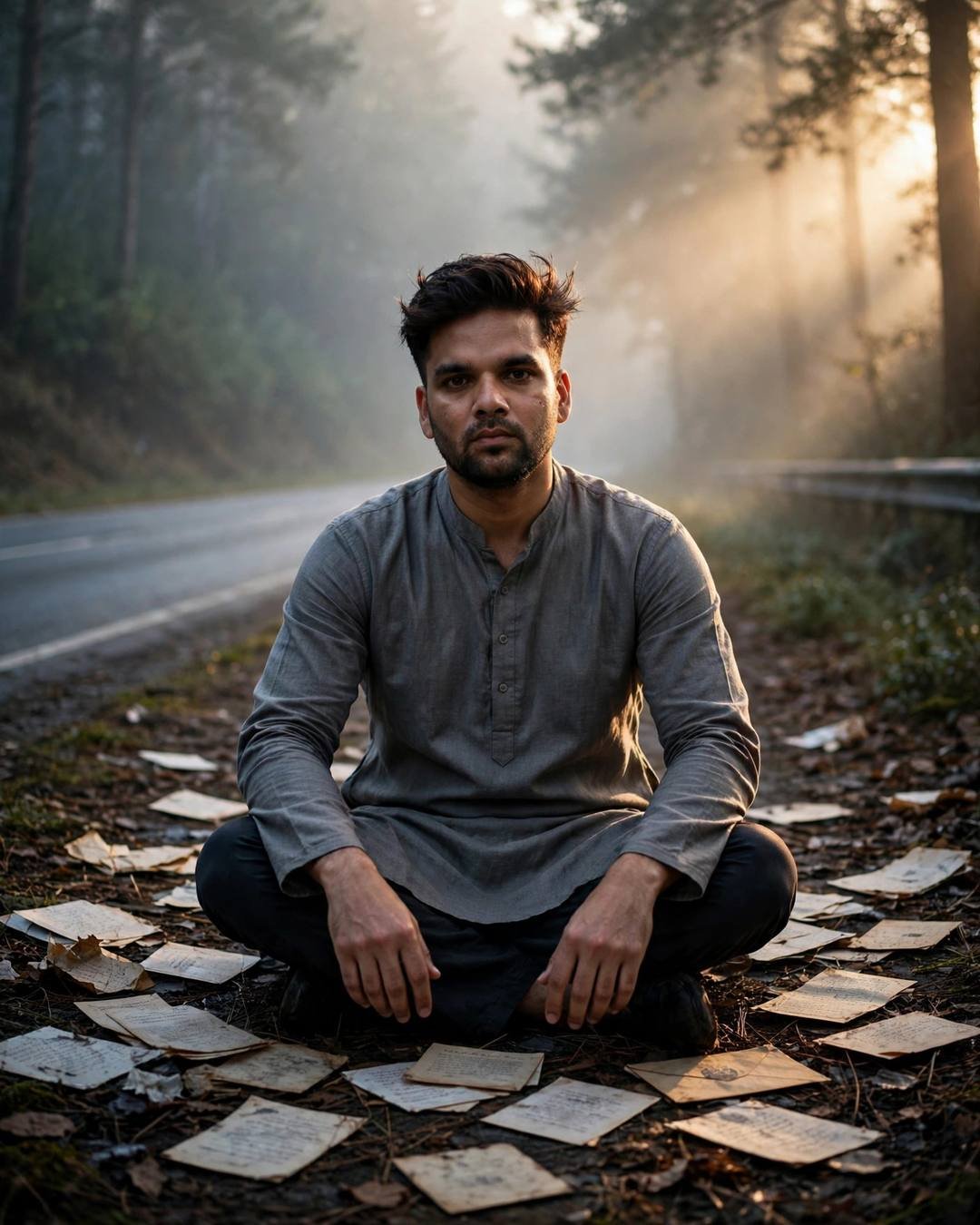 Young Indian man in a grey kurta sitting cross-legged among old letters on a misty forest path at dawn