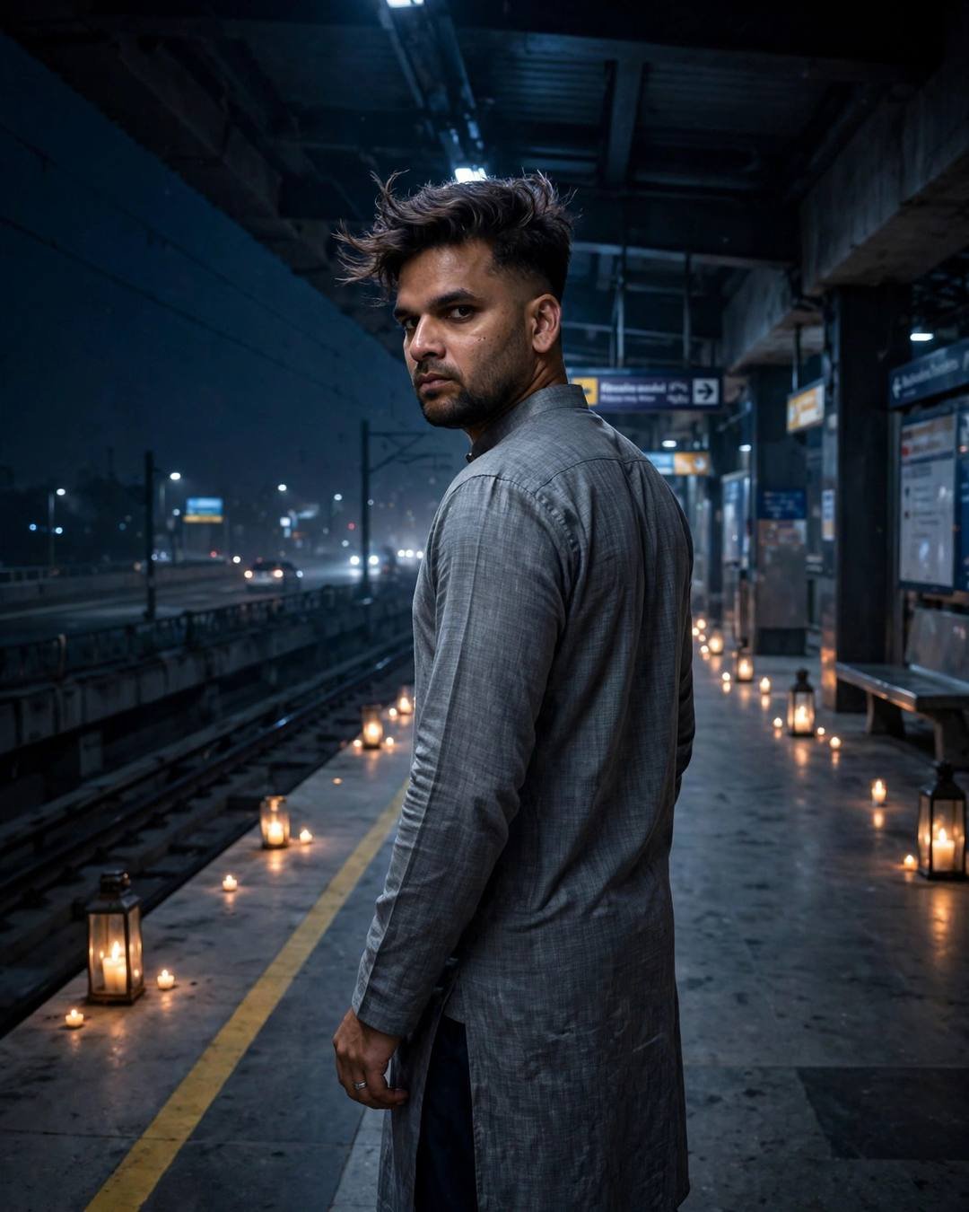 Young Indian man in a grey kurta looking back over his shoulder on a candlelit midnight metro platform