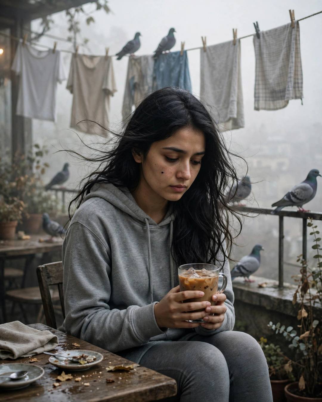 Picking at her fading mehndi where his — girl portrait, grey hoodie and leggings, loose open hair in the breeze, sitting at a cafe table, cradling a cold coffee, lost in thought at terrace with drying clothes lines and pigeons; dense fog, overcast afternoon with pale dawn light through fog