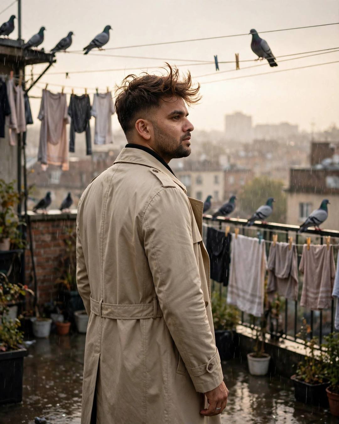 Young man in a beige trench coat on a terrace with drying clothes lines and pigeons, looking back over his shoulder in light rain