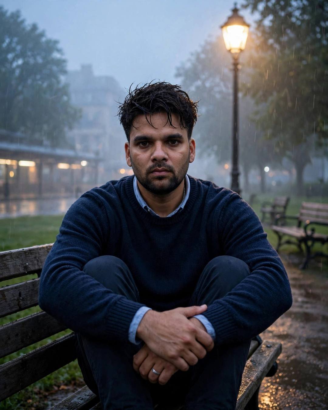 Young Indian man in a navy sweater sitting with knees drawn up on a rainy park bench at dawn