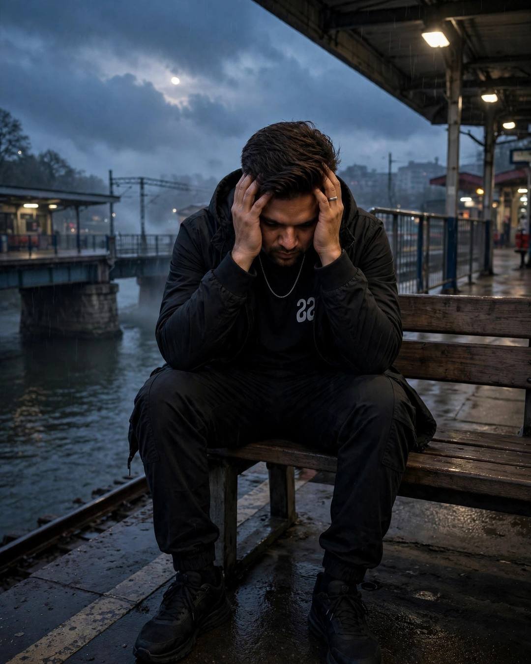 Young Indian man in all-black streetwear sitting with his head in his hands on a riverside station bench at night