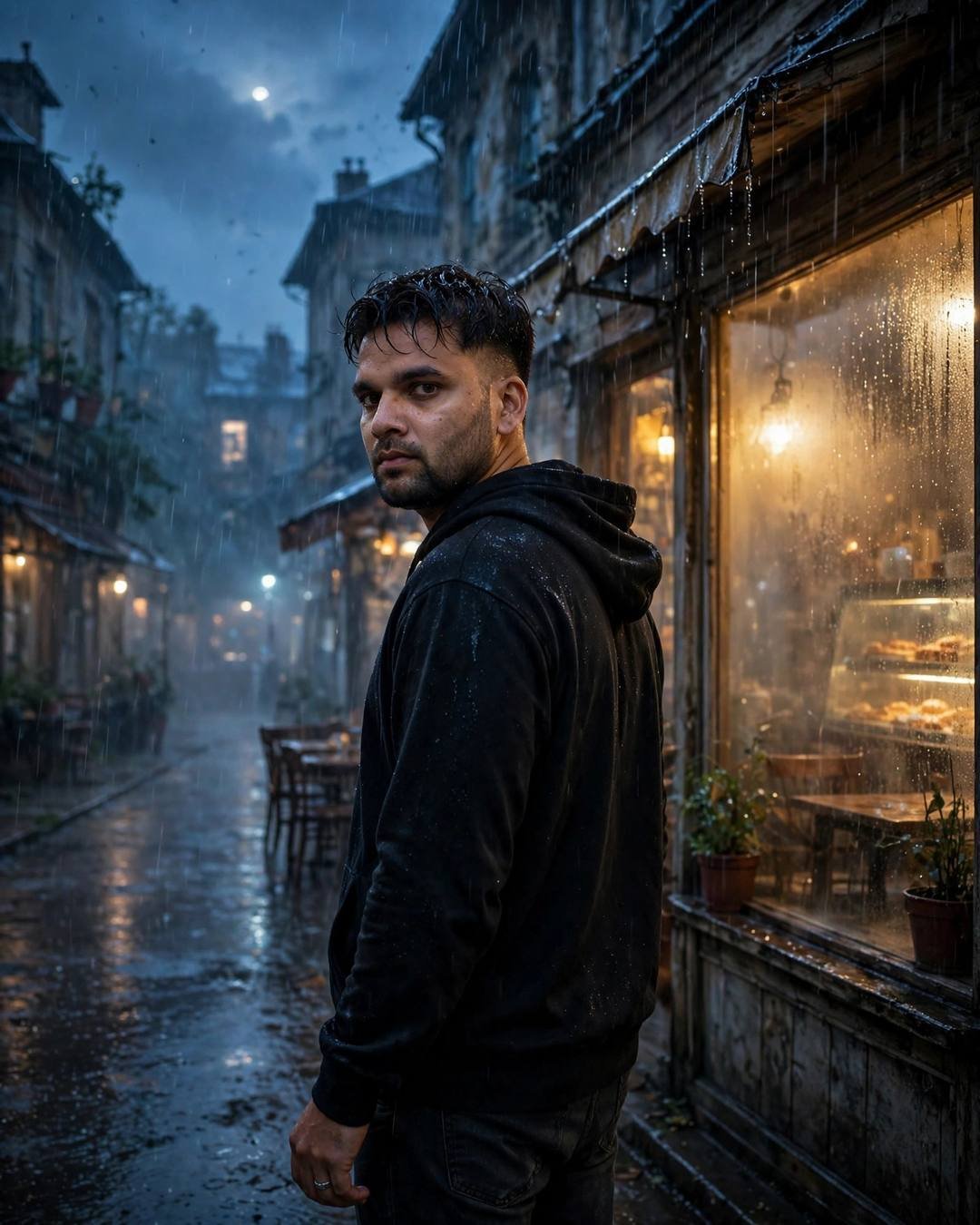 Young Indian man in a black hoodie looking back over his shoulder outside a glowing old cafe in the rain