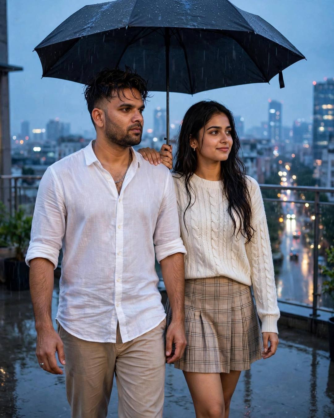 Young Indian couple walking under one umbrella on a wet rooftop above city lights at blue hour