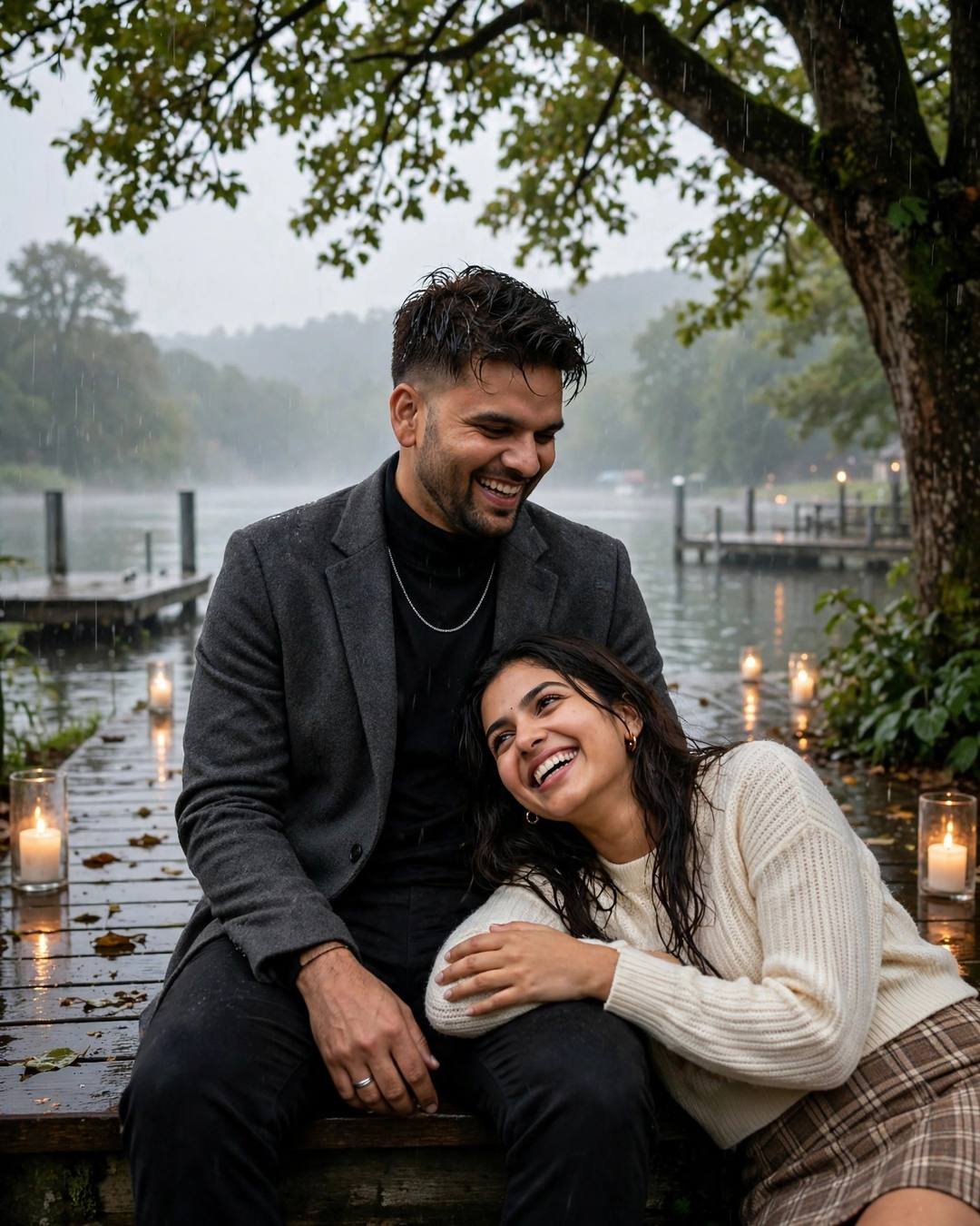 A man in a charcoal blazer laughing softly while a woman in a cream knit top rests her head in his lap on a lake pier at dawn