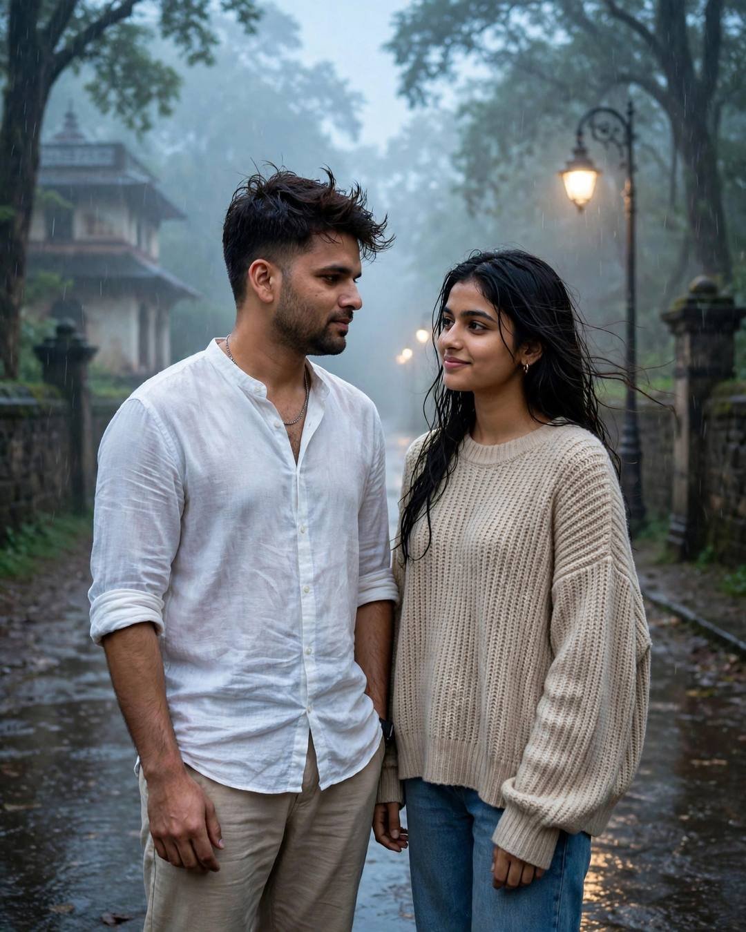 An aching portrait of a couple standing on a misty forest path in rain, white linen and beige sweater, lamp glowing