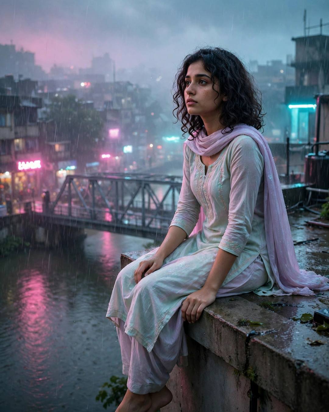 Watching headlights sweep the dark lane, standing — girl portrait, pastel salwar-kameez with dupatta, soft curls framing the face, sitting on a rooftop ledge, legs dangling over the edge at bridge over a slow river; heavy monsoon rain, dawn with neon pink and cyan spill