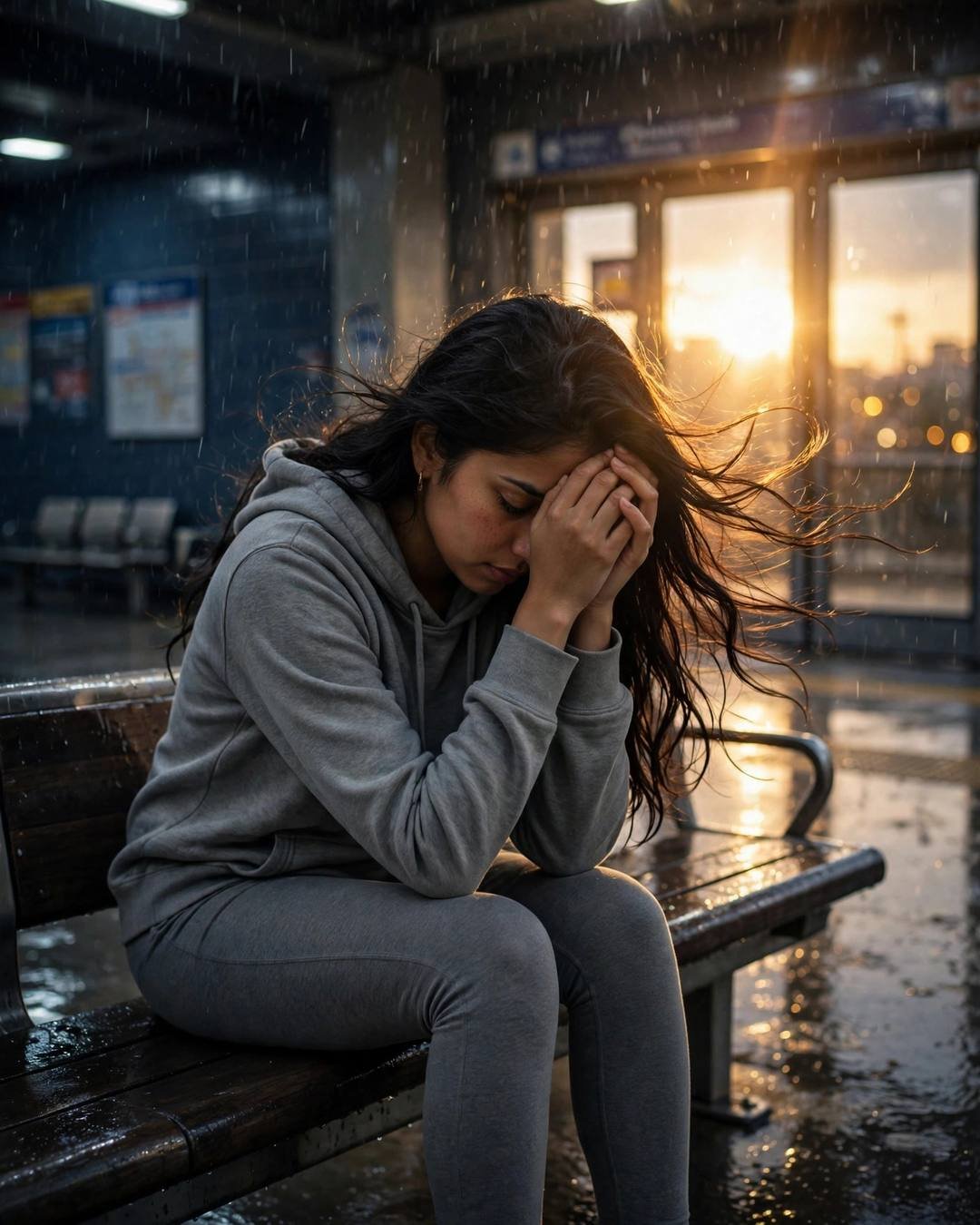 Two coffees going cold on a cafe — girl portrait, grey hoodie and leggings, loose open hair in the breeze, sitting on station bench, elbows on knees, head in hands at midnight metro station; light rain, late evening with golden-hour backlight with lens flare