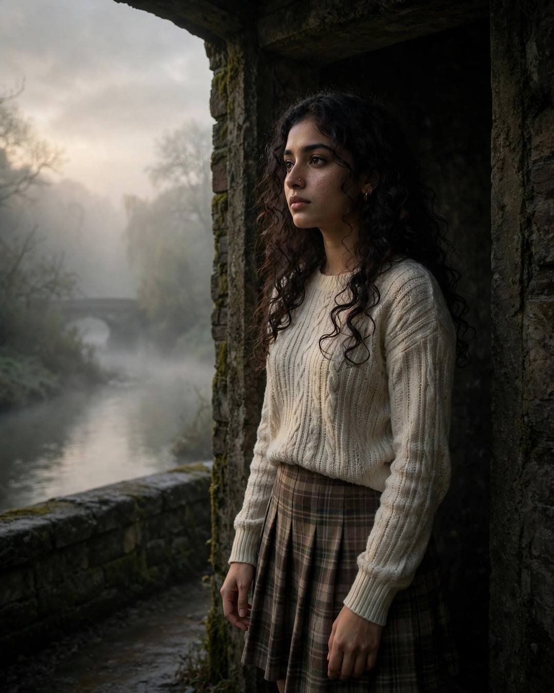 Folding a handwritten letter she will give — girl portrait, cream knit top and plaid skirt, soft curls framing the face, standing in a doorway, half in shadow at bridge over a slow river; overcast gloom, golden hour with pale dawn light through fog