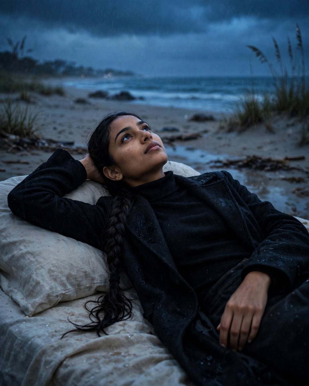 Counting slow minutes on a station clock, — girl portrait, black turtleneck with long coat, long braid over one shoulder, lying on the bed staring at the ceiling, one arm behind head at deserted beach at dusk; light rain, midnight with soft blue-hour glow