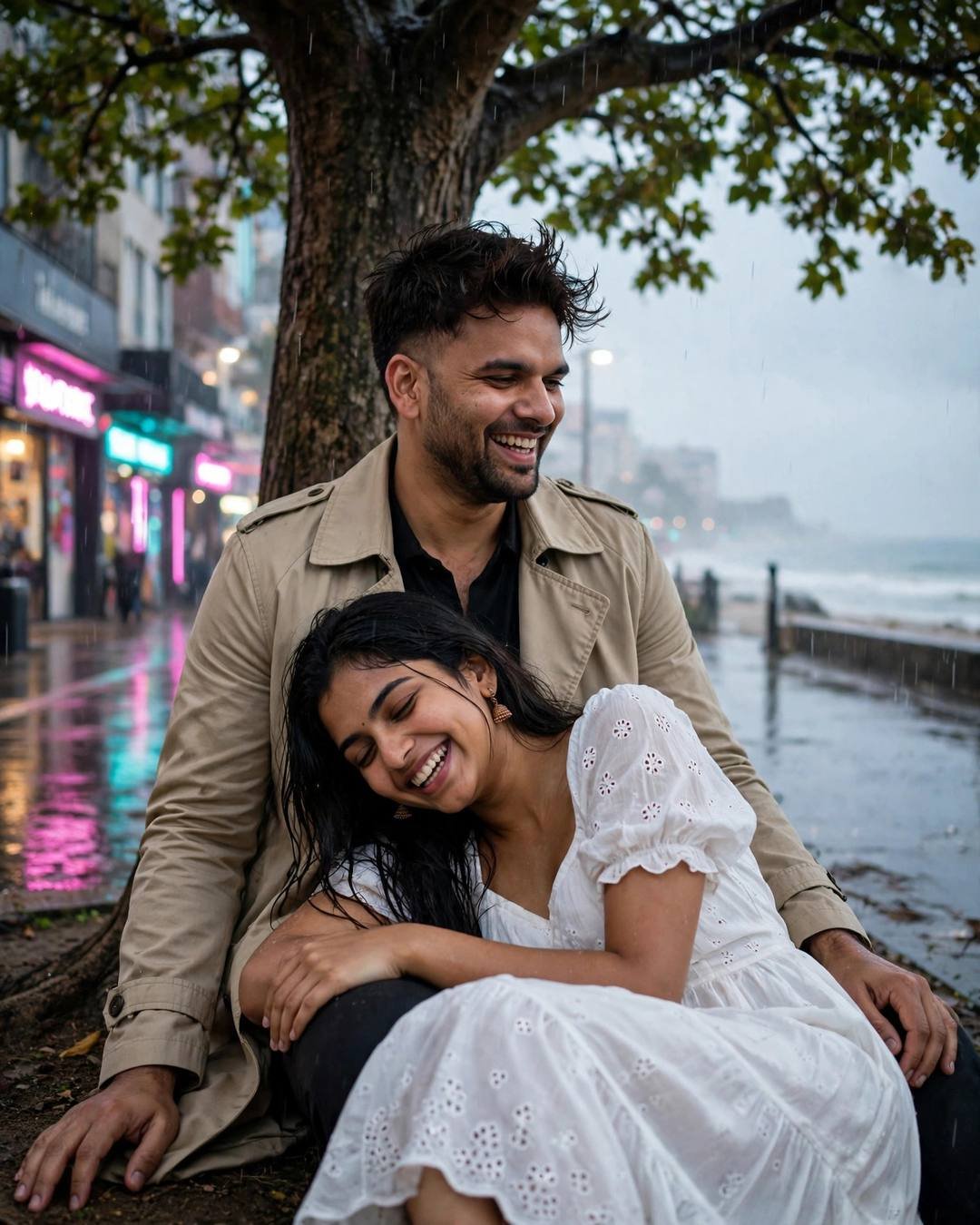 Chasing a runaway straw hat tumbling wildly — Beach Couple photograph, beige trench coat over dark layers, slightly messy morning hair