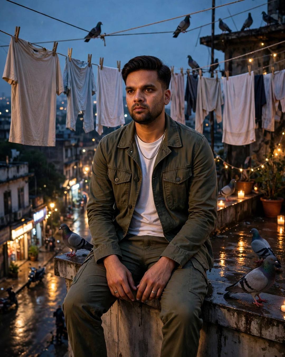 Ink-black denim jacket with collars turned up — Black Outfit photograph, olive field jacket, white tee, cargo pants, neatly combed side part