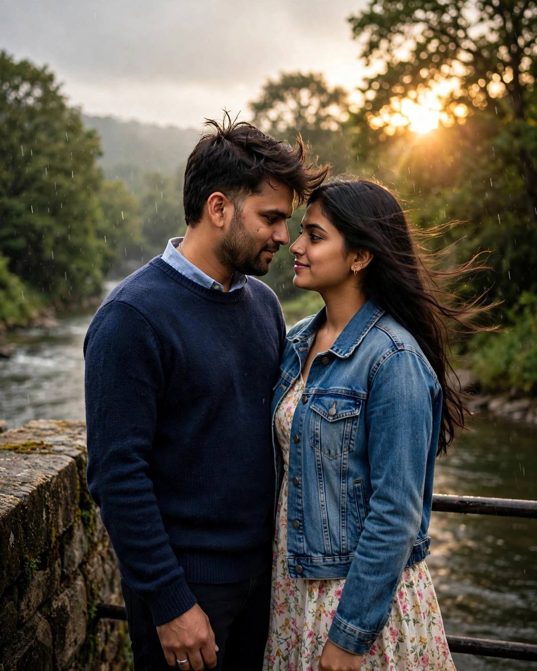A fresh polaroid stuck to their little — Café Couple photograph, navy sweater over collared shirt, windswept textured hair