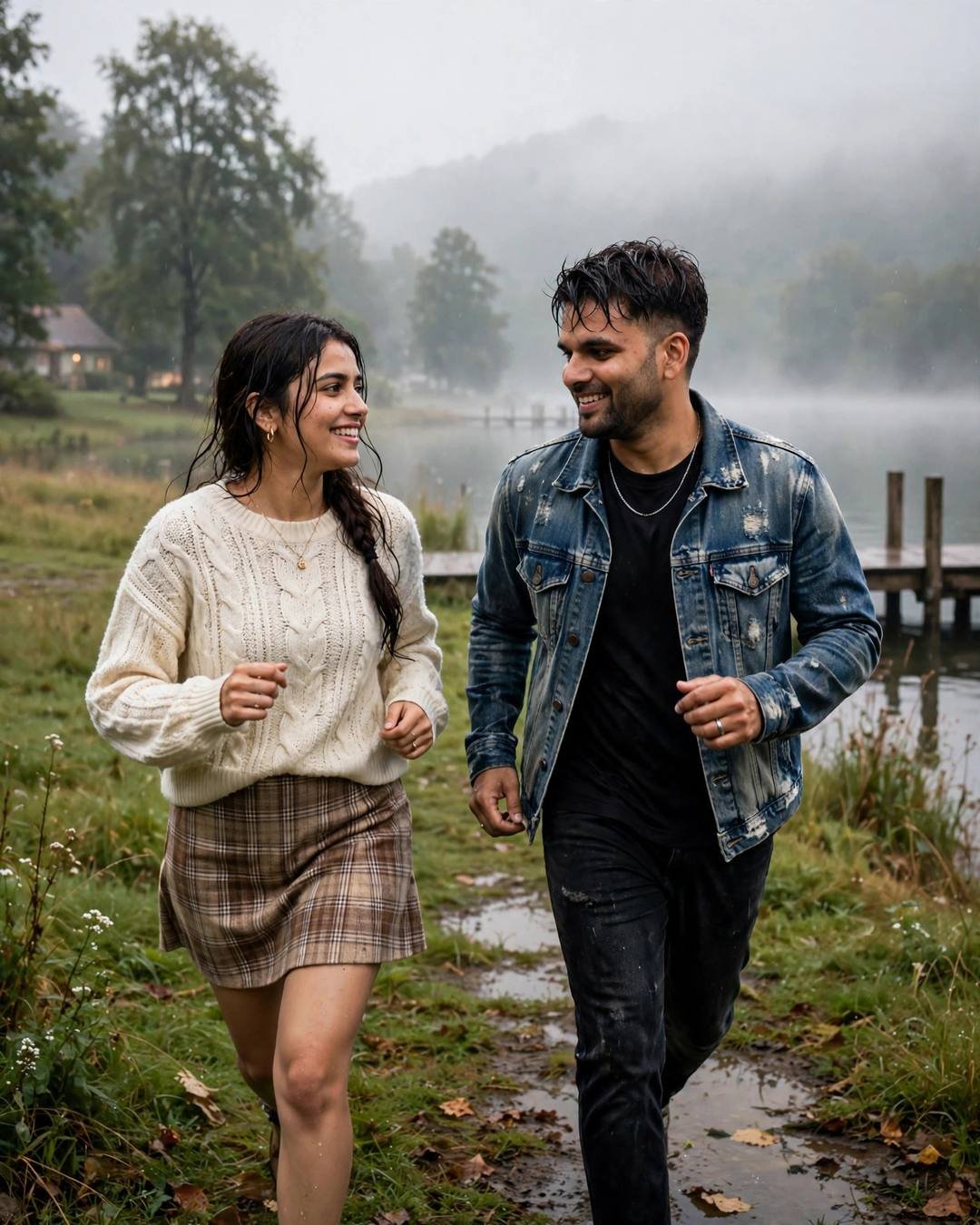 Crumbs and two empty plates, both leaning — Café Couple photograph, distressed denim jacket over black tee, damp rain-wet hair