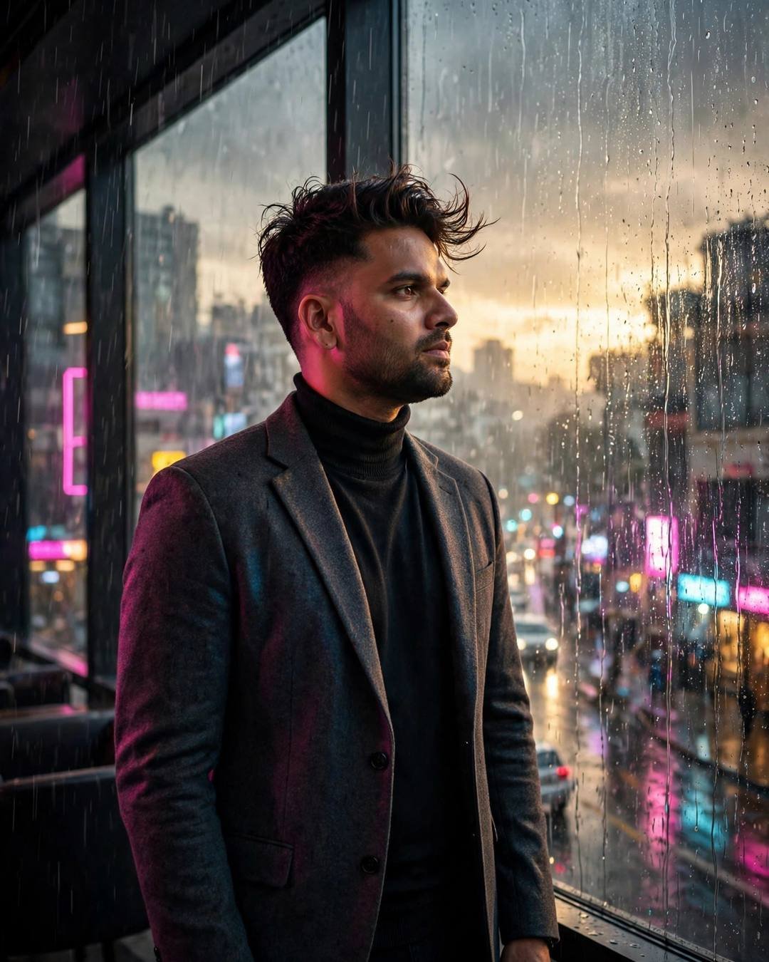 An unread letter slipping quietly from the — Railway Station photograph, charcoal blazer, black turtleneck, windswept textured hair